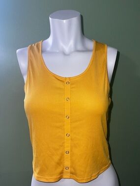 Y2K Love J Ribbed Button-Up Crop Tank - Mustard Yellow